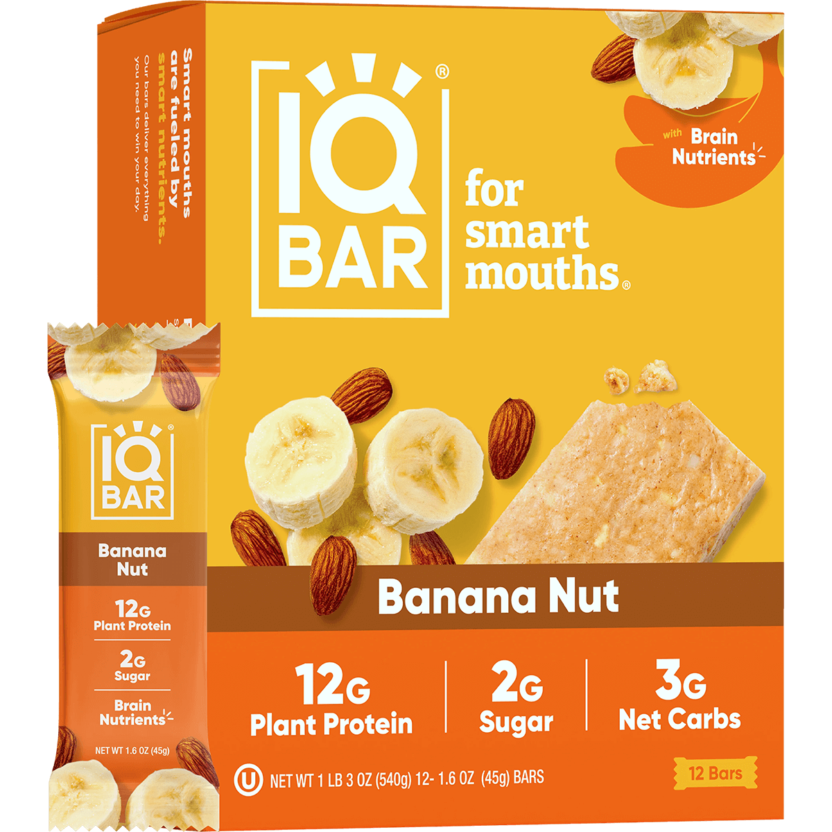 IQ Bar Banana Nut flavor packaging with nutritional information on a black background