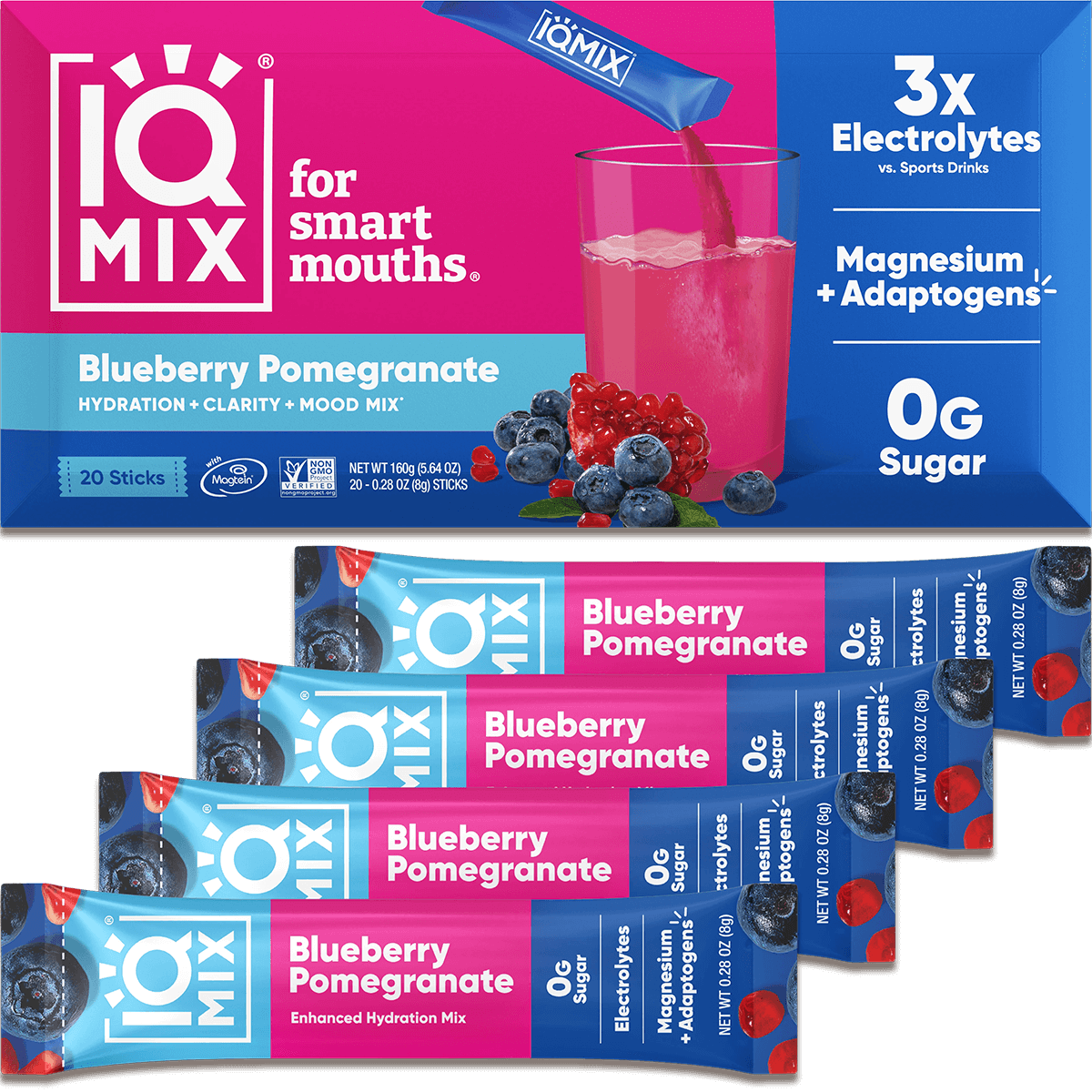 IQ Mix Blueberry Pomegranate hydration mix packaging with a glass of the product.