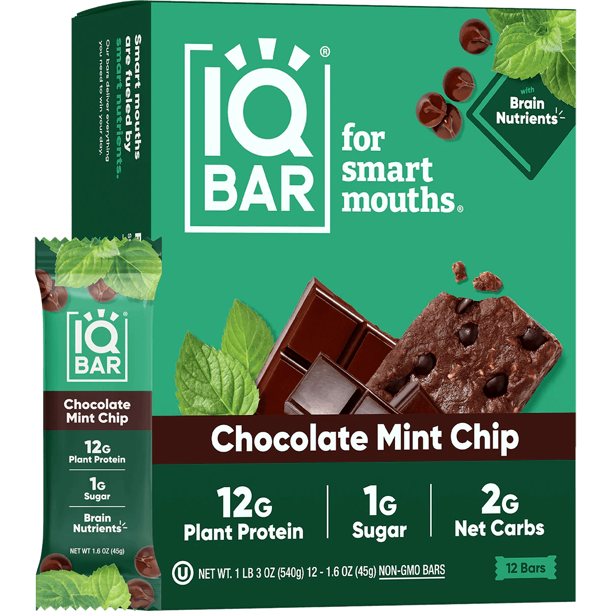 IQ Bar Chocolate Mint Chip packaging with green background