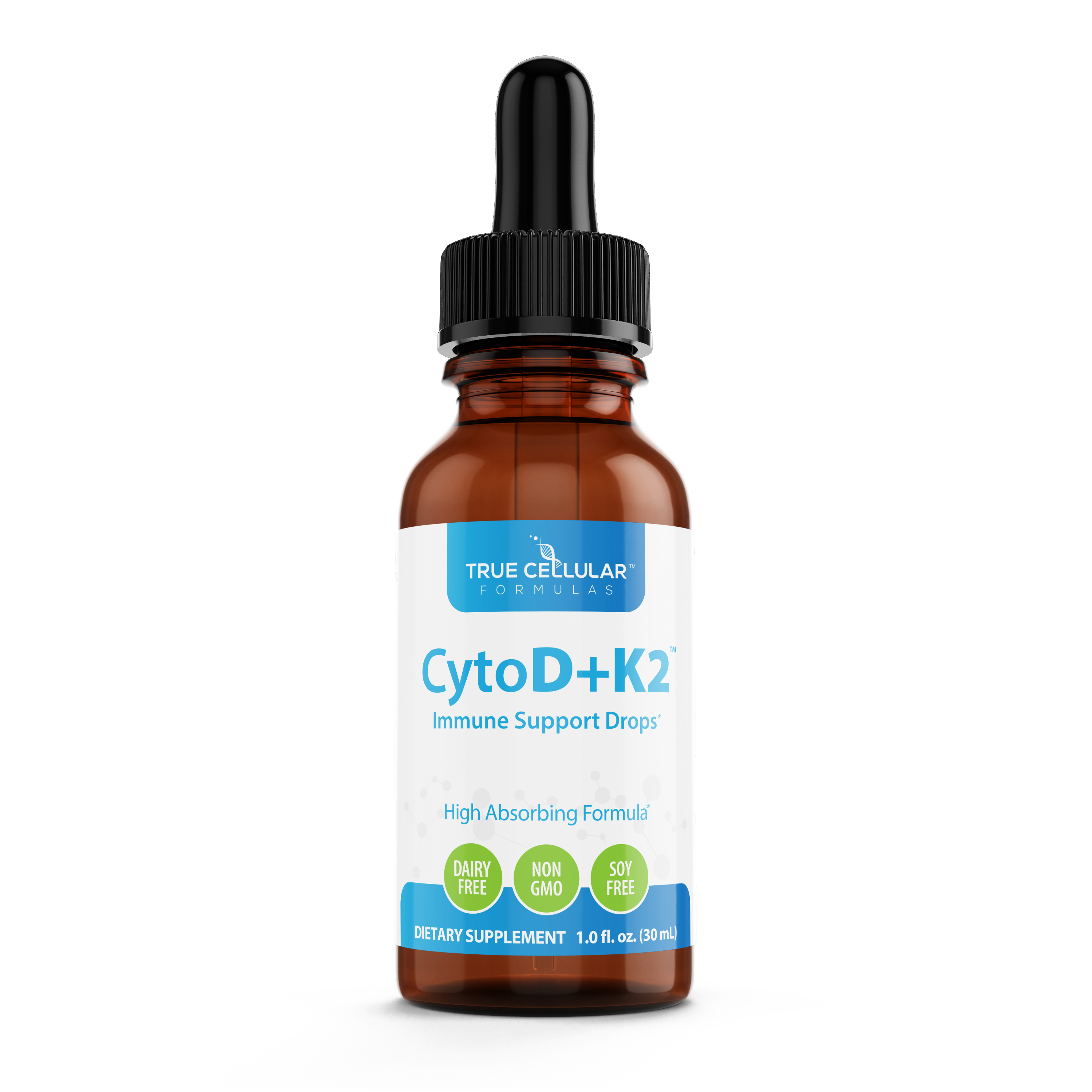 Bottle of True Cellular Formulas CytoD+K2 immune support drops on a white background