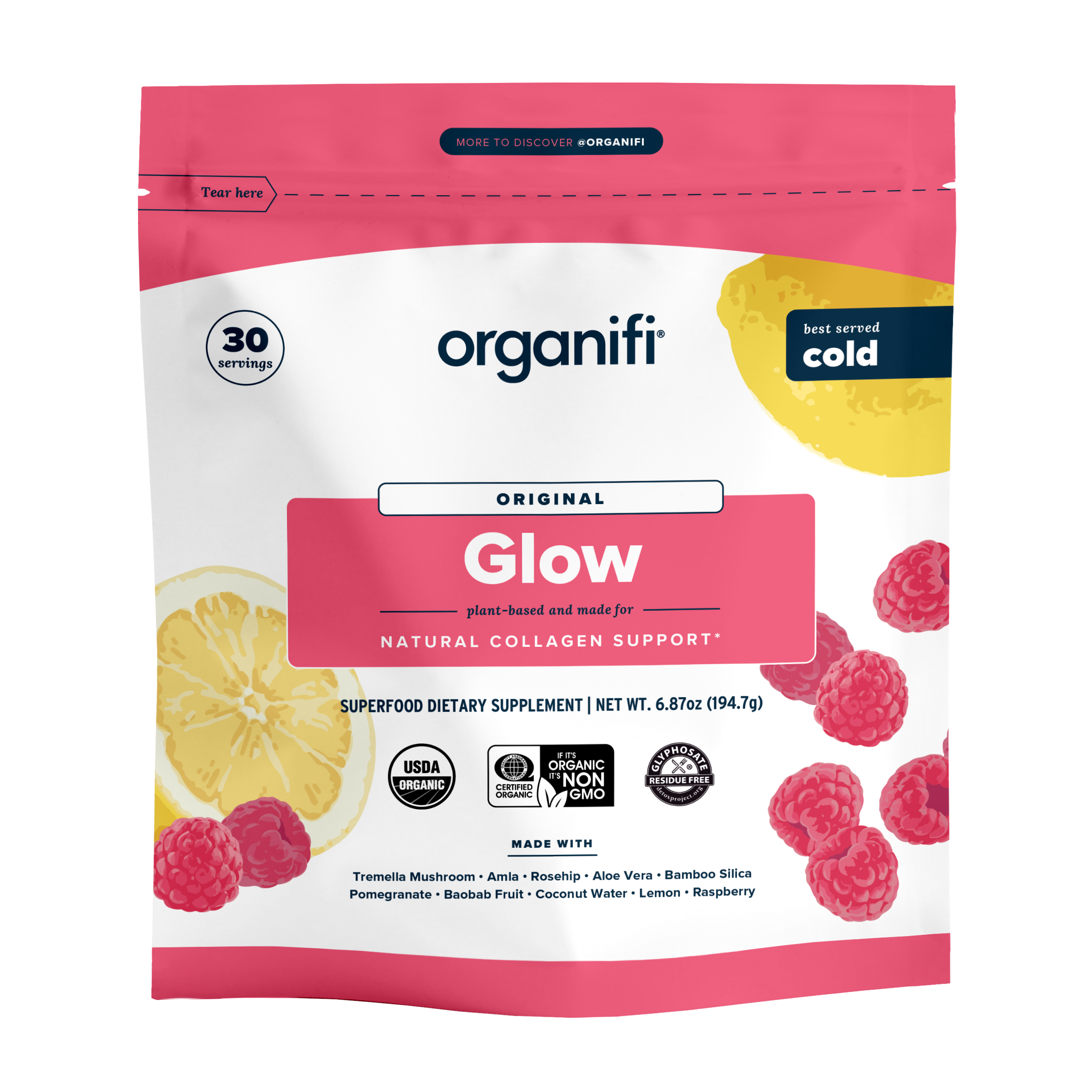 A package of Organifi Glow, a natural collagen support supplement, with images of lemon and berries on the front.