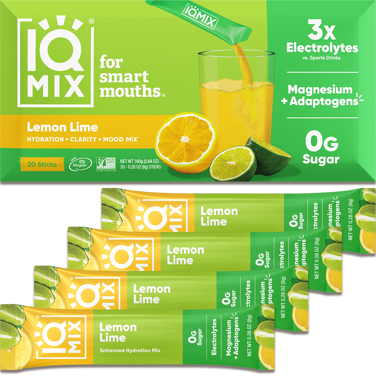 IQ Mix Lemon Lime flavor packaging with a glass of juice and fruit illustration.