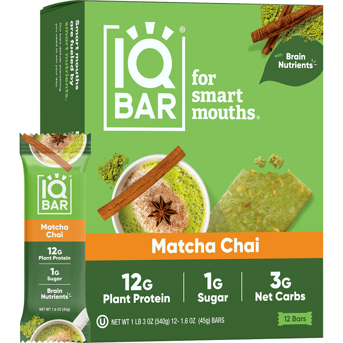 IQ Bar Matcha Chai packaging with green background and product images.