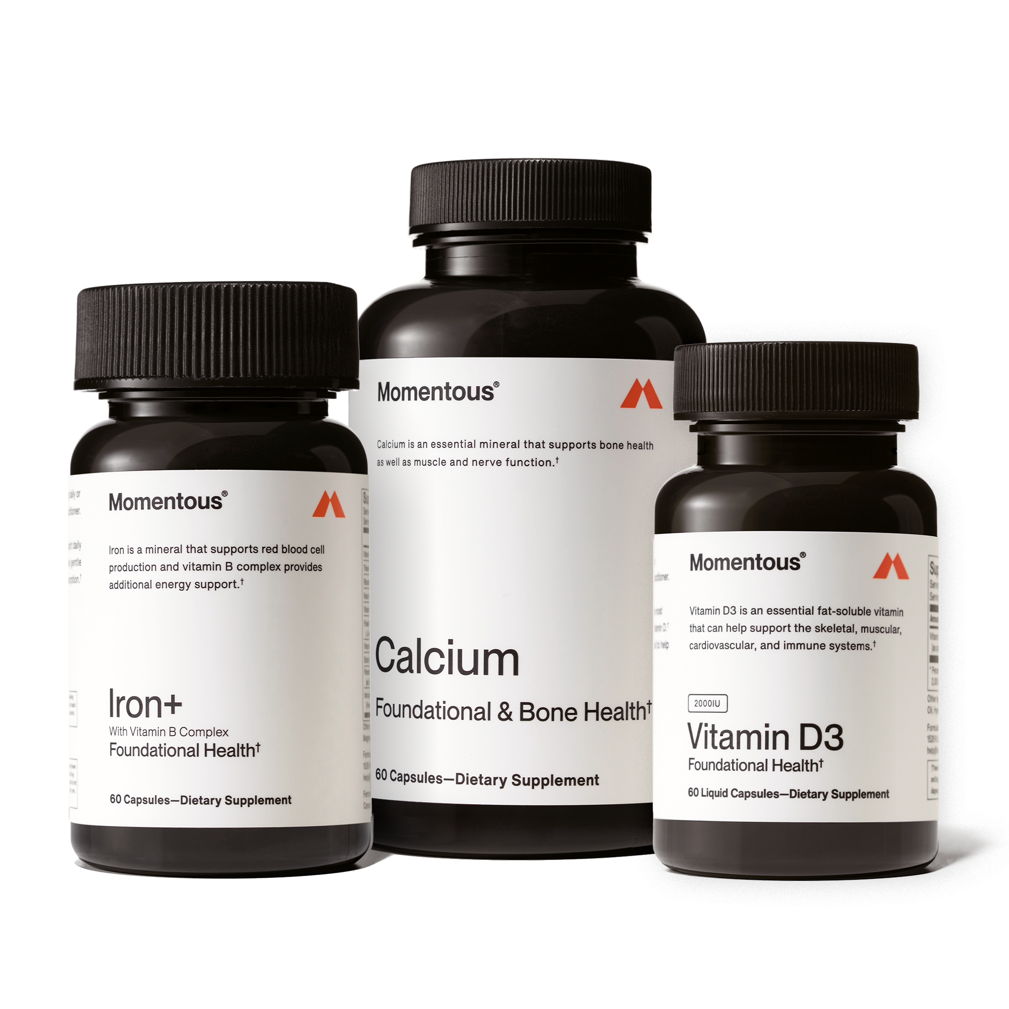 Three Momentous supplement bottles on a white background