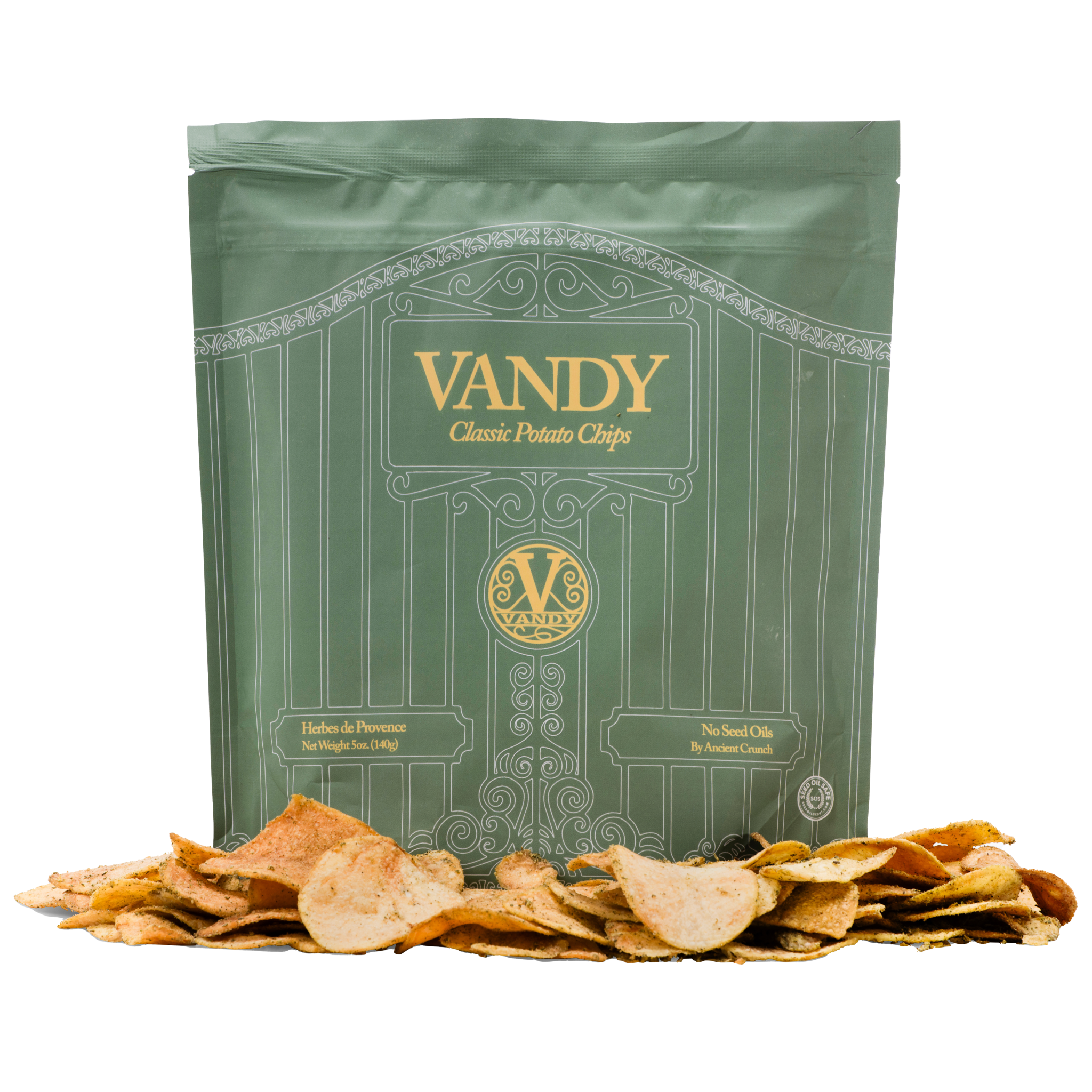 Green bag of Vandy classic potato chips with chips spilling out on a white background
