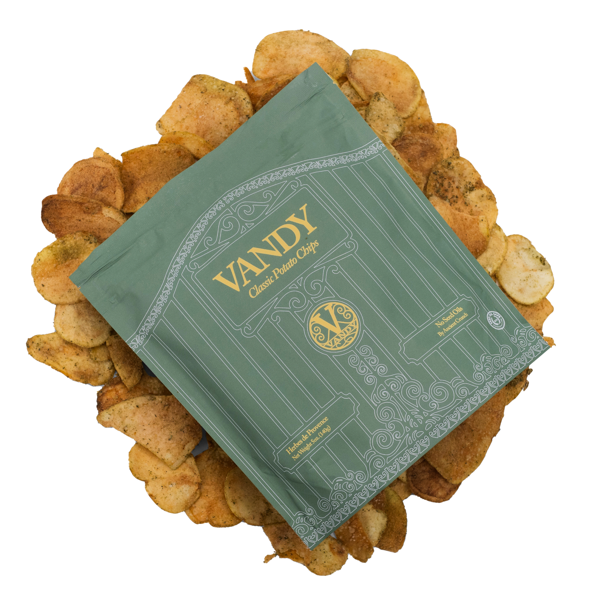 Green box labeled 'Vandy' on a bed of potato chips