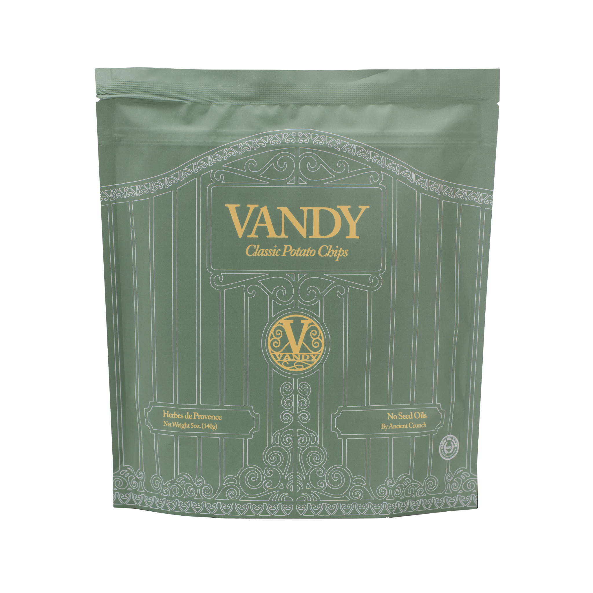 Green packaging of Vandy classic potato chips on a white background