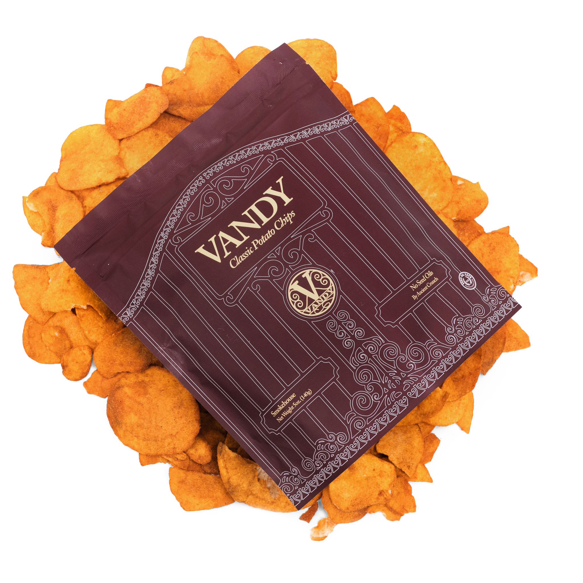 Vandy potato chip packaging surrounded by potato chips on a white background