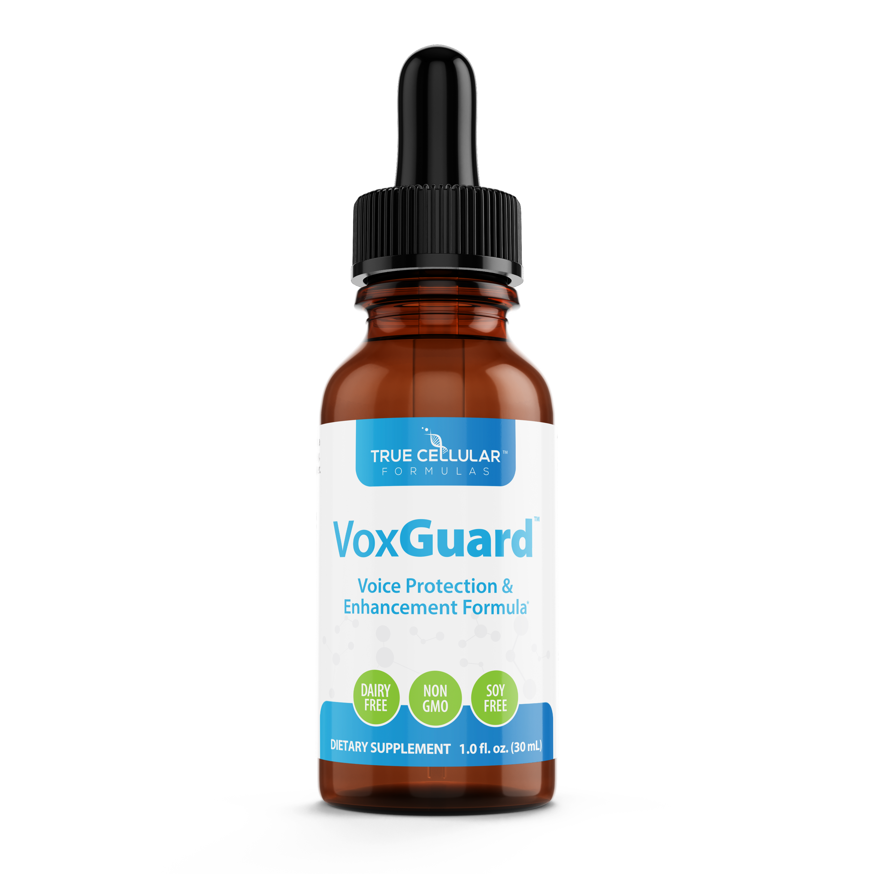 VoxGuard dietary supplement bottle with dropper on a white background