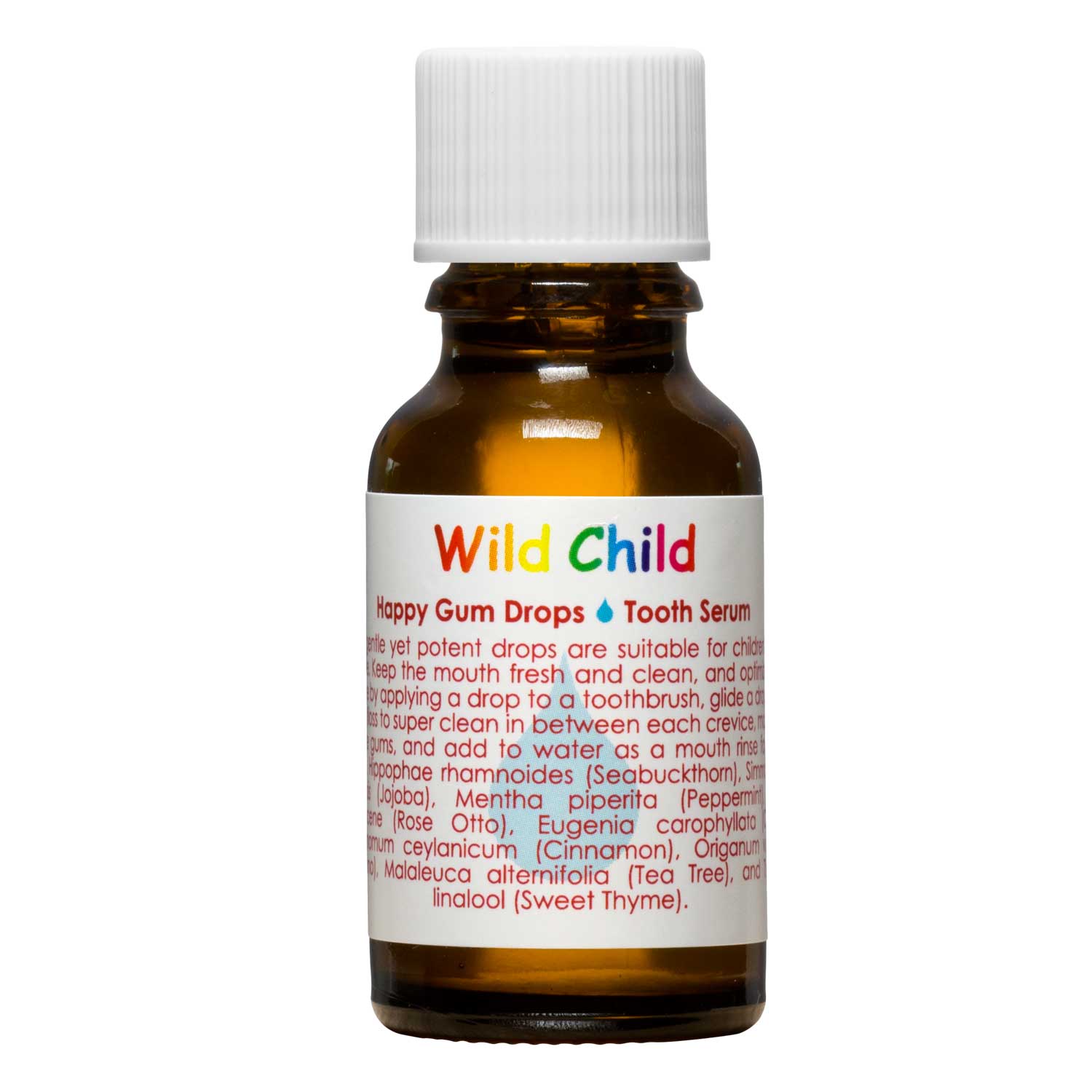 A bottle of 'Wild Child Happy Gum Drops' with a label that includes colorful text and illustrations describing the product as a teeth seed formula.