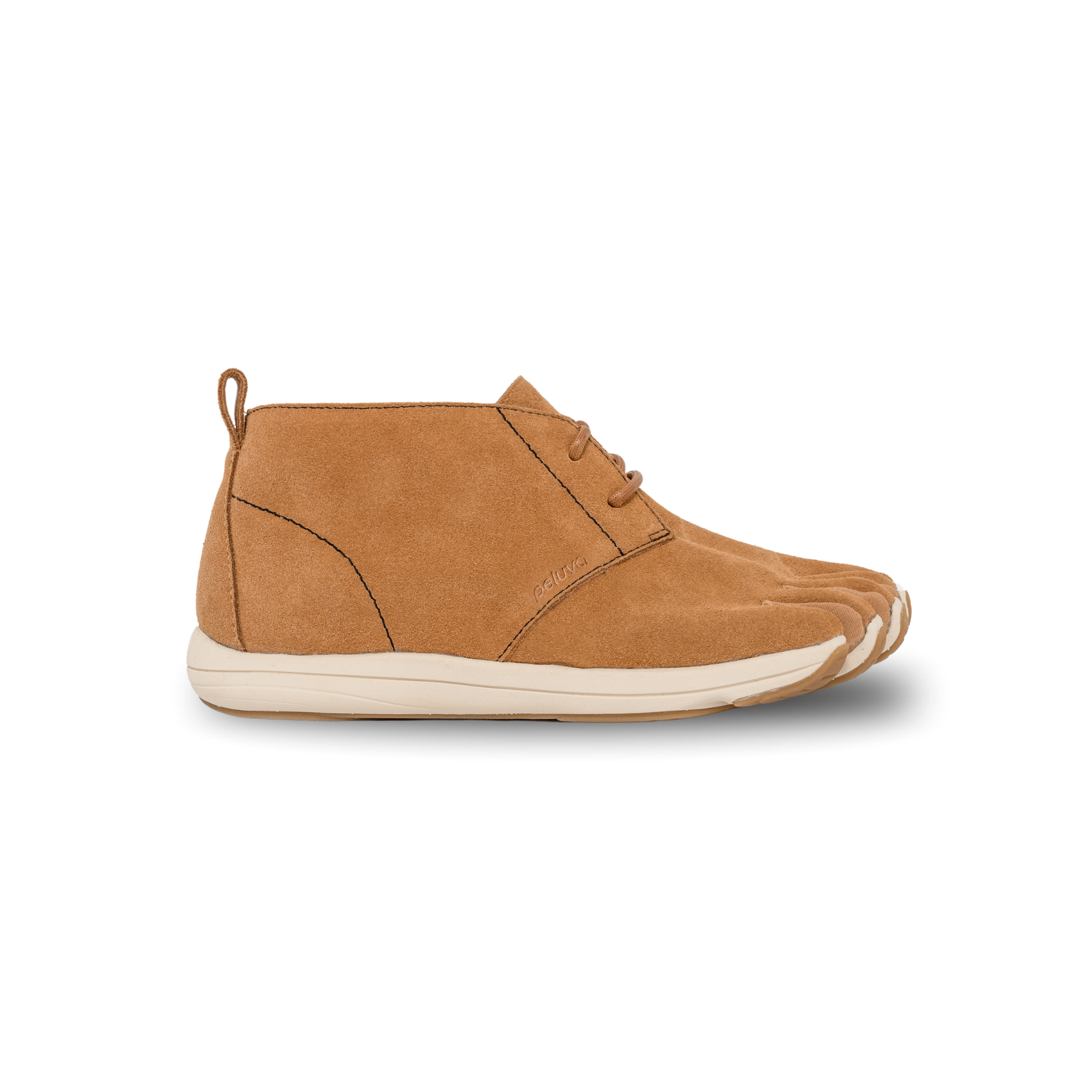 Tan suede shoe with white sole on a white background