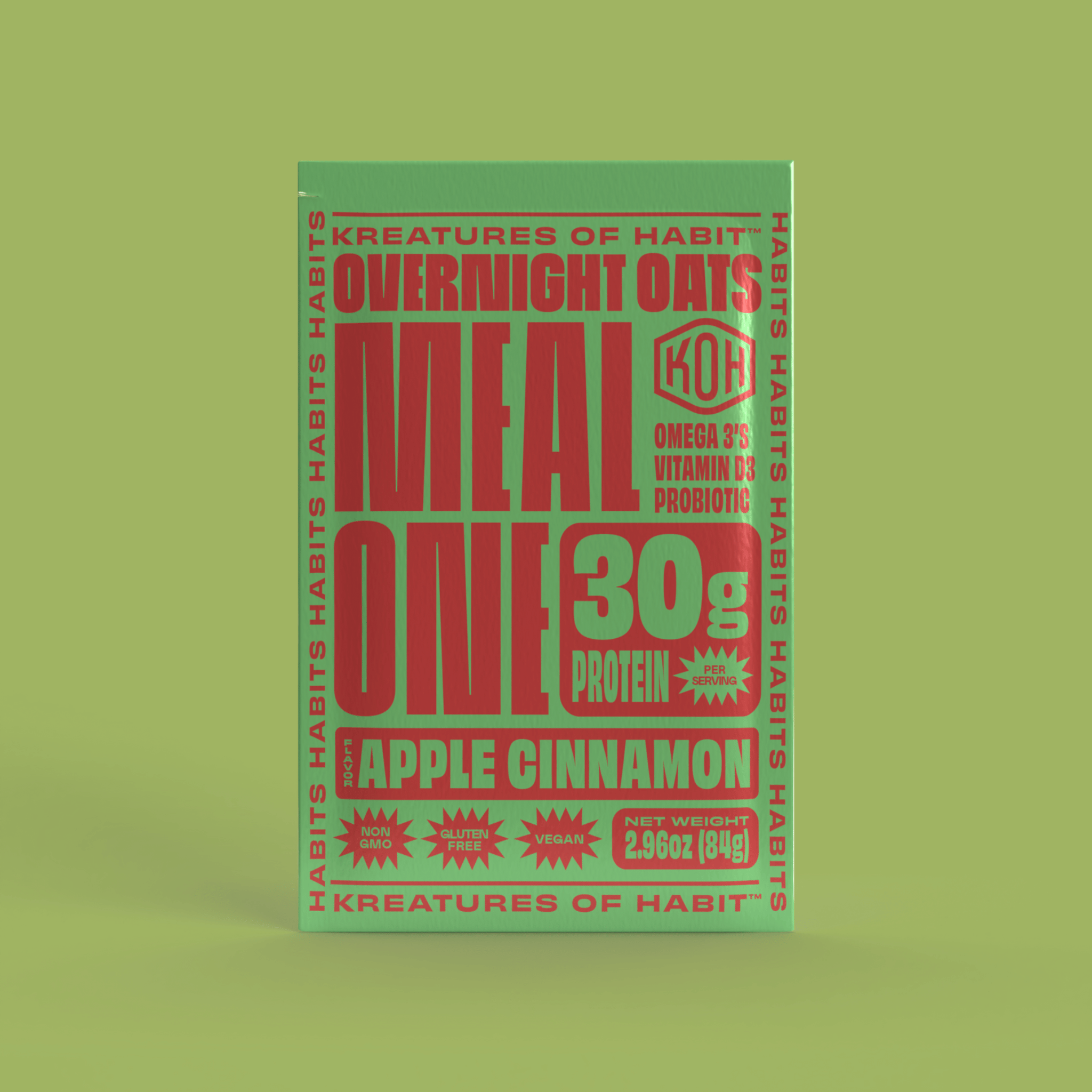 Packaging of Meal One Overnight Oats with apple cinnamon flavor, highlighting 30g of protein and gluten-free content.