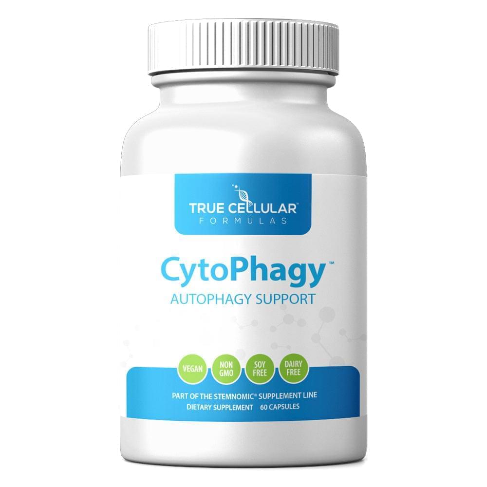 Supplement bottle labeled 'CytoPhagy' by True Cellular Formulas on a white background