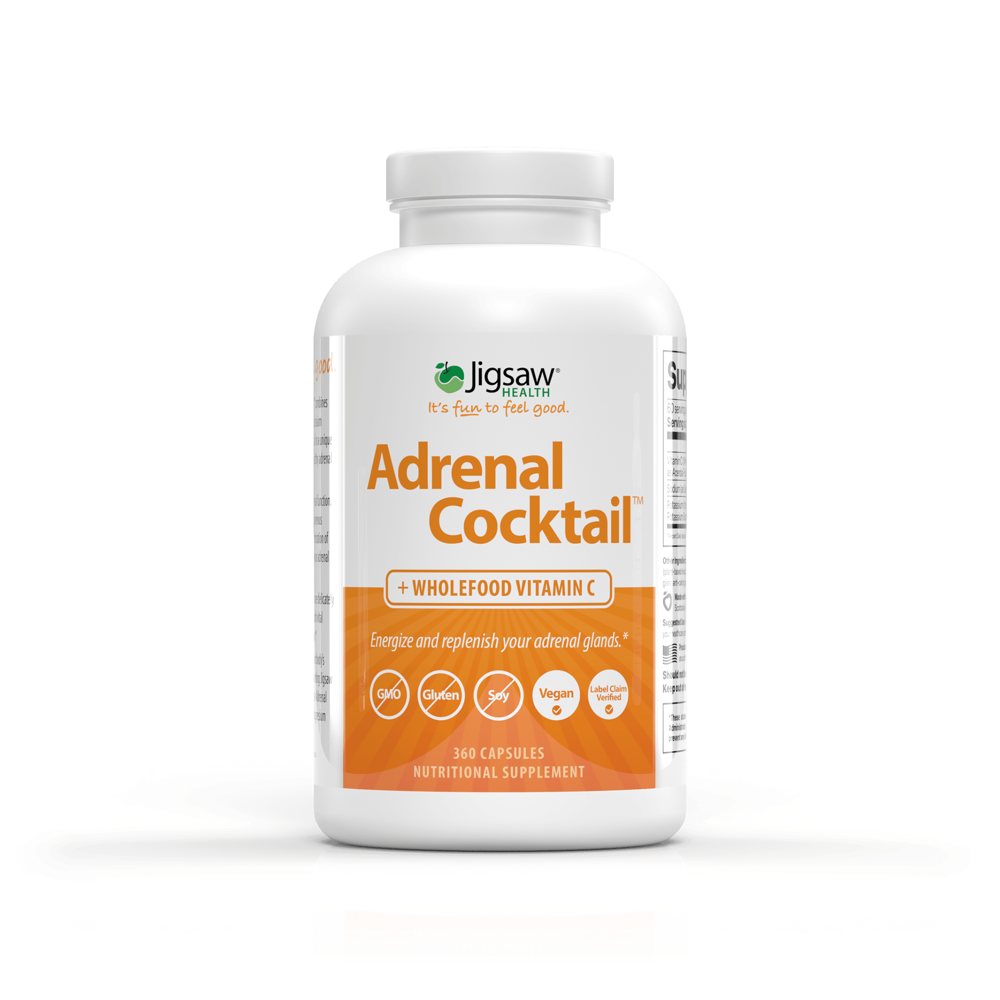 A product image featuring packages and bottles of Jigsaw Adrenal Cocktail™ + Wholefood Vitamin C supplements, set against an orange background with rays radiating from the product.