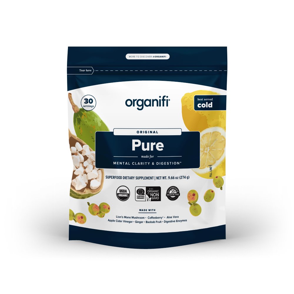 A package of Organifi Pure, a dietary supplement designed for mental clarity and digestion, with a depiction of organic ingredients like lemon and herbs on the front.