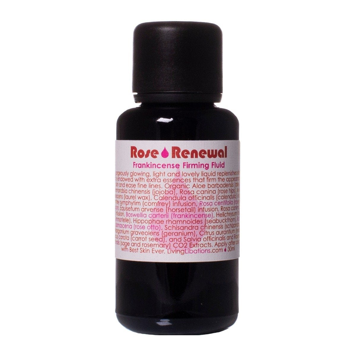 A bottle of Living Libations Rose Renewal Frankincense Firming Fluid, with label information including ingredients and product usage instructions.