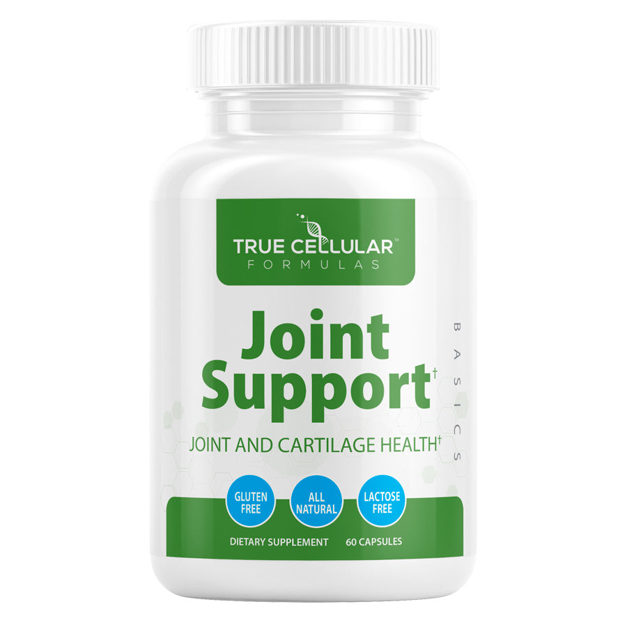 Supplement bottle labeled 'True Cellular Formulas Joint Support' on a white background