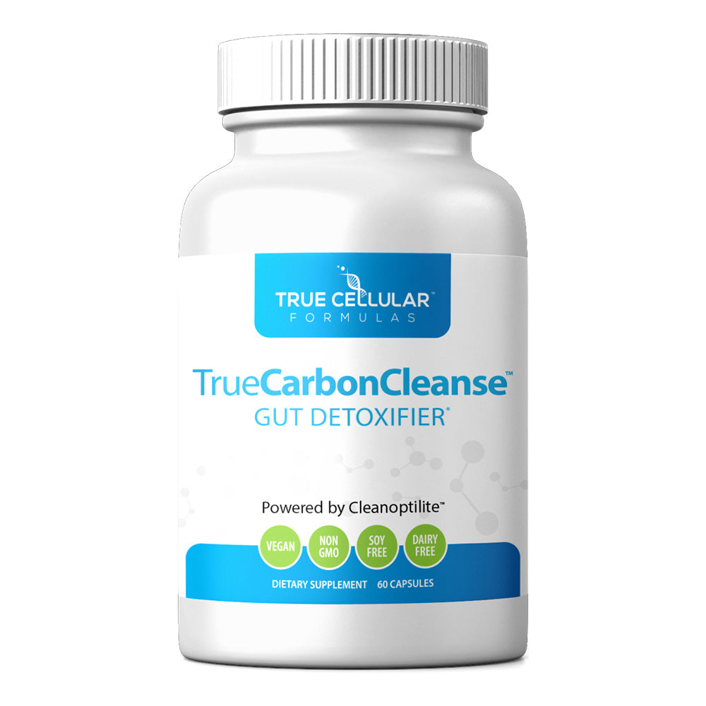 White supplement bottle labeled 'TrueCarbonCleanse' by True Cellular Formulas on a white background