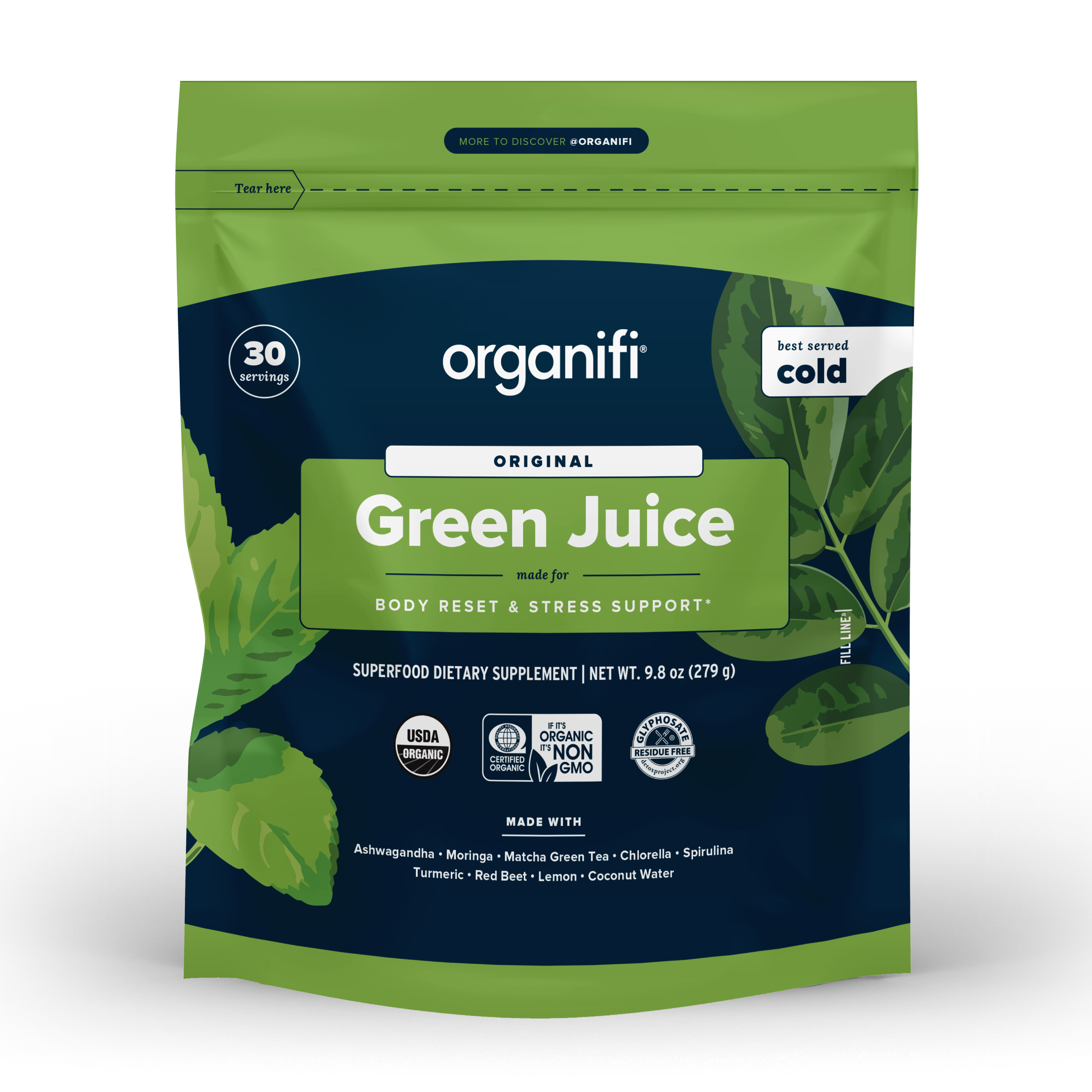 This image displays a package of "organifi Green Juice," a superfood dietary supplement. The packaging is a vibrant green with leaf patterns, emphasizing the product's natural ingredients.