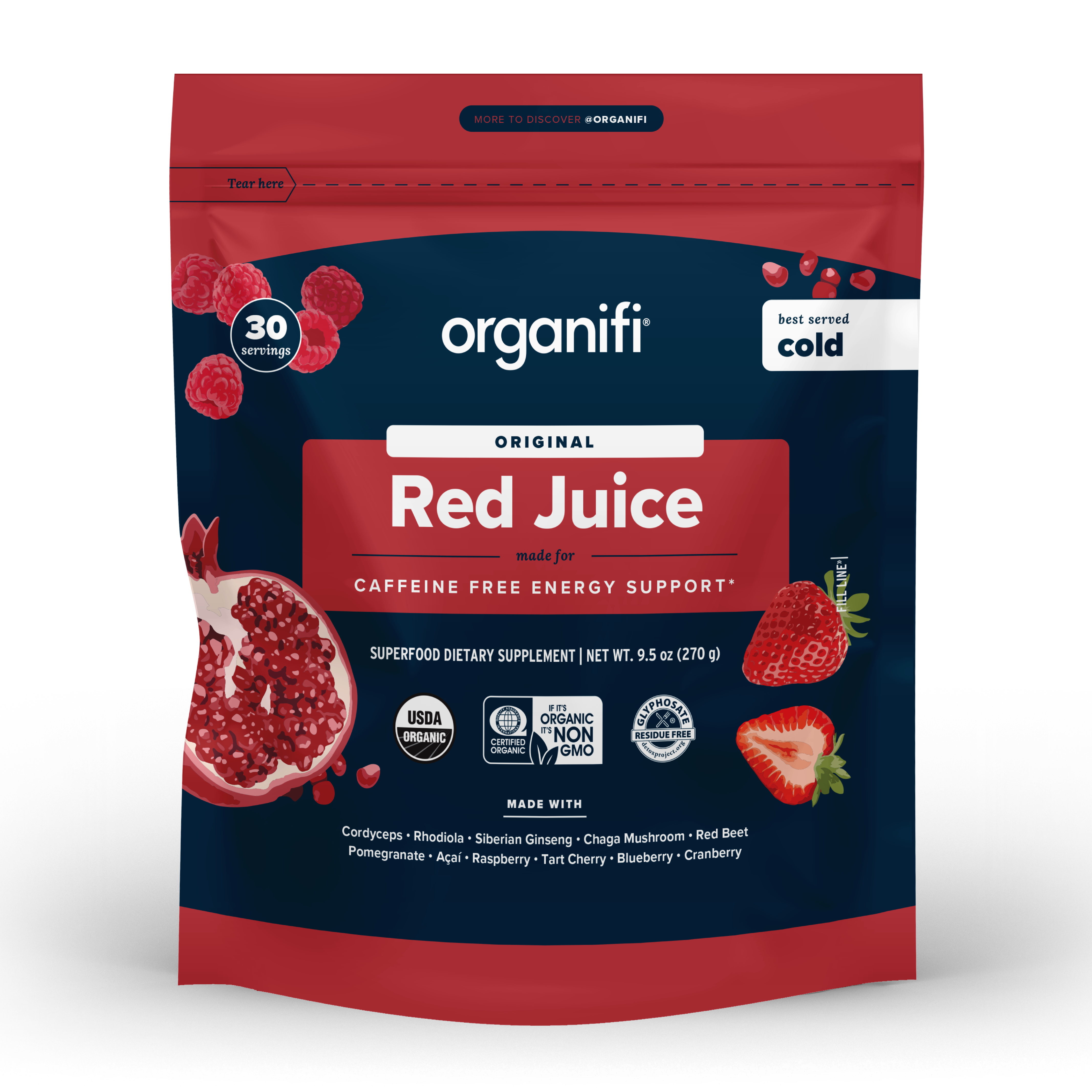 A package of Organifi Original Red Juice with images of fruits like strawberries and pomegranate on the front, indicating it is a caffeine-free energy support supplement.