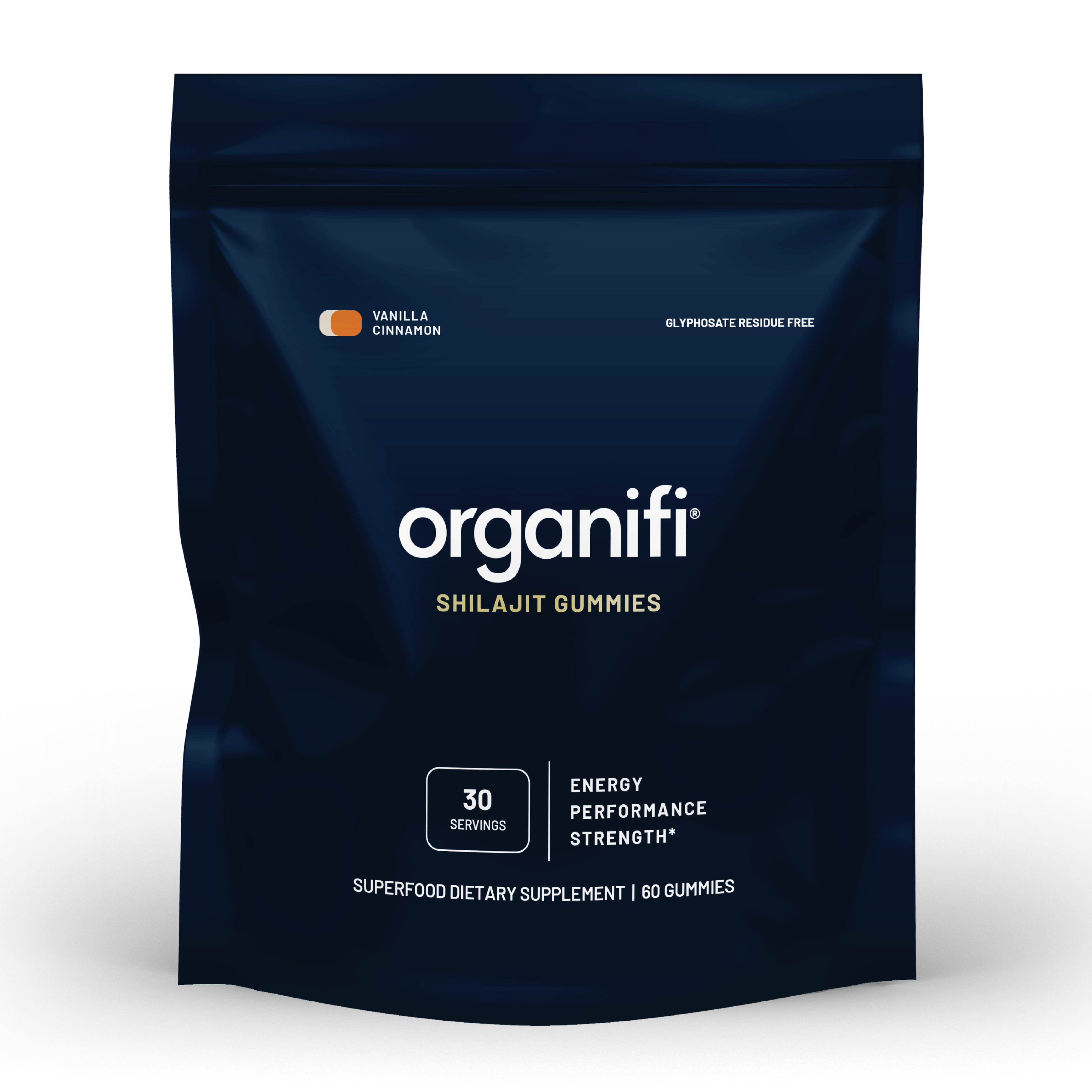 A navy-colored package of Organifi Shilajit Gummies with product details on the front.