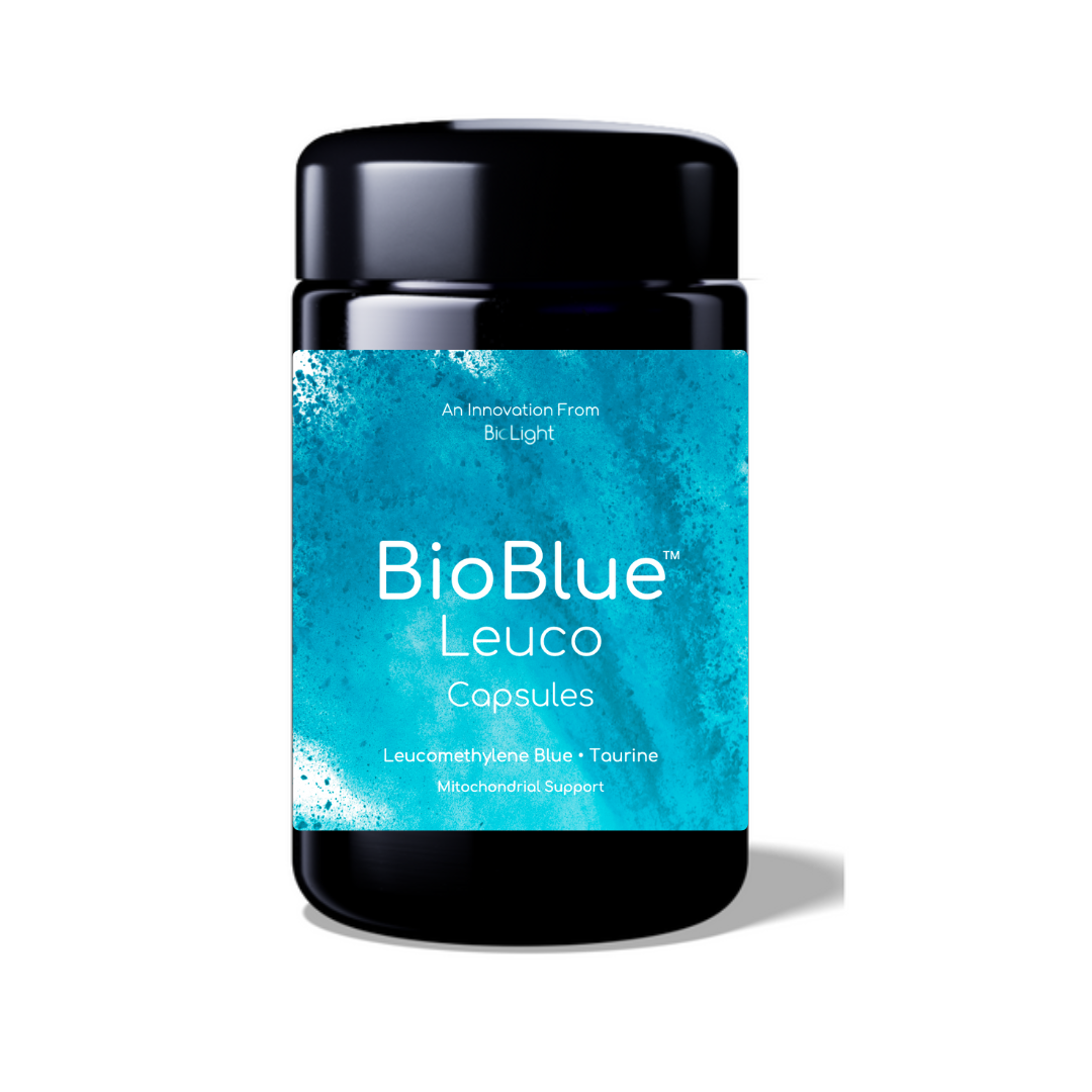 A bottle of BioBlue Leuco Capsules, a supplement designed to support brain health and mitochondrial function, with a label featuring a blue and turquoise design and the product name.