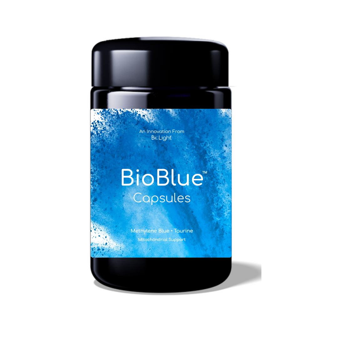 A bottle of BioBlue Capsules, a supplement containing Methylene Blue and Taurine for supporting brain health and mitochondrial function.