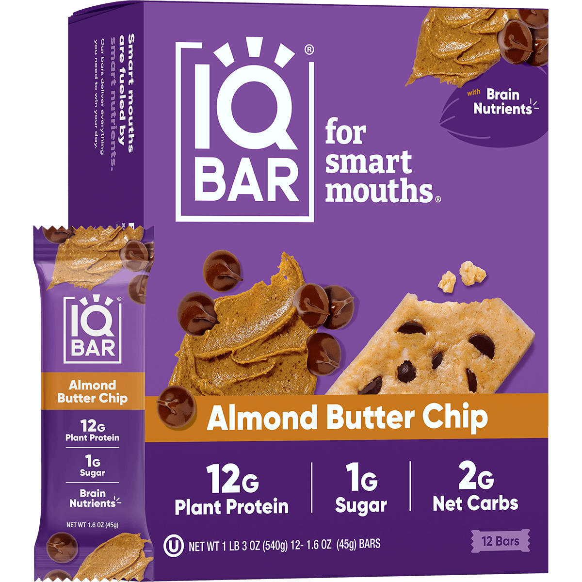 IQ Bar Almond Butter Chip packaging on a white background