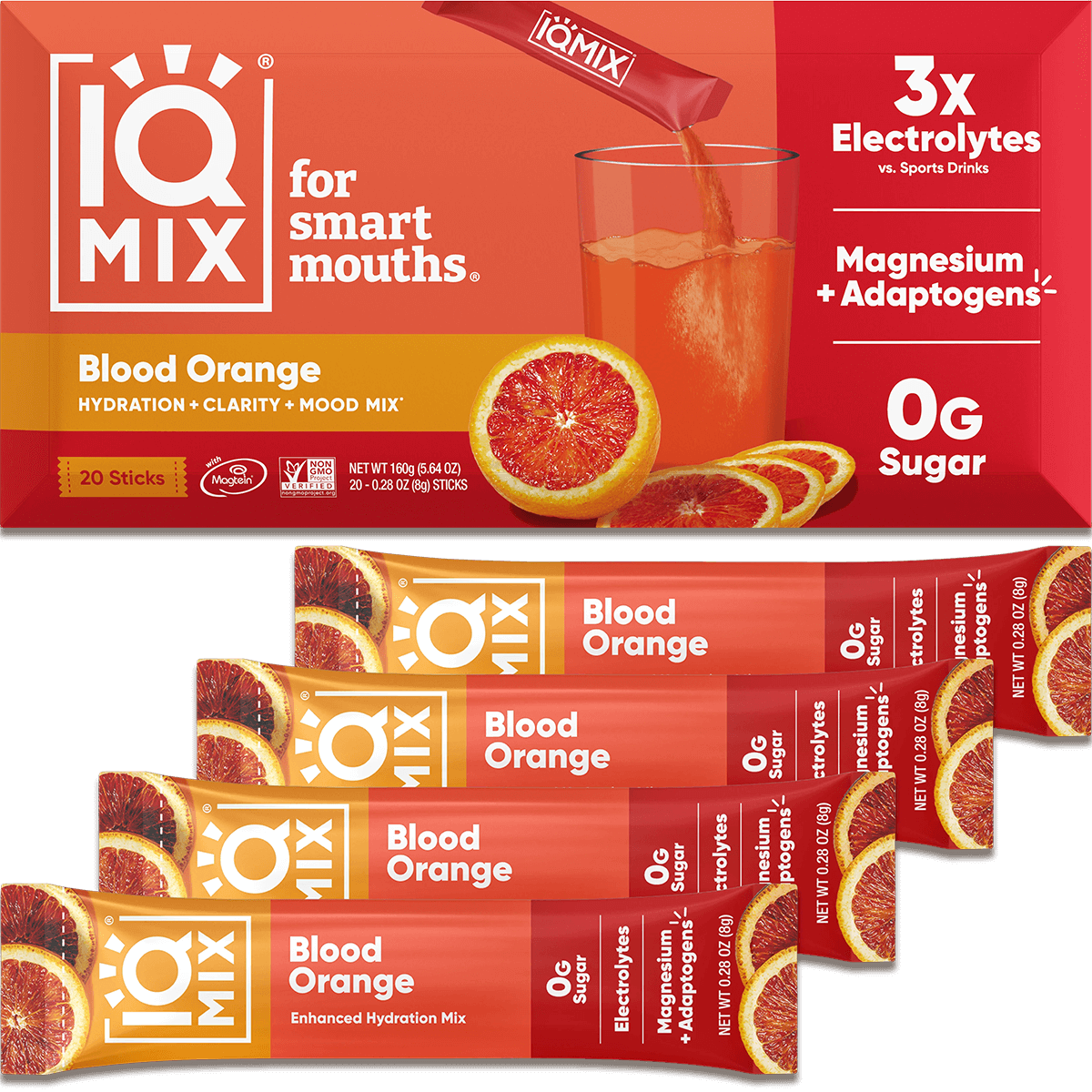 IQ Mix Blood Orange hydration mix packaging with a glass of orange juice on an orange background.