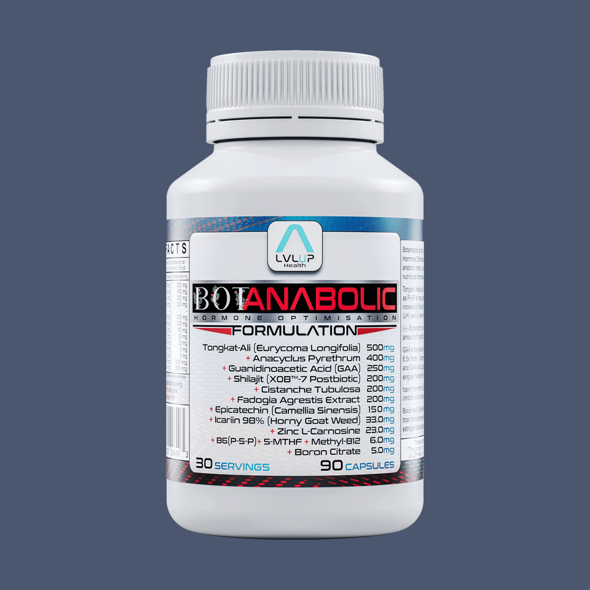 A bottle of LVLUP Health Botanabolic supplement with white and red label, showcasing 90 capsules inside.