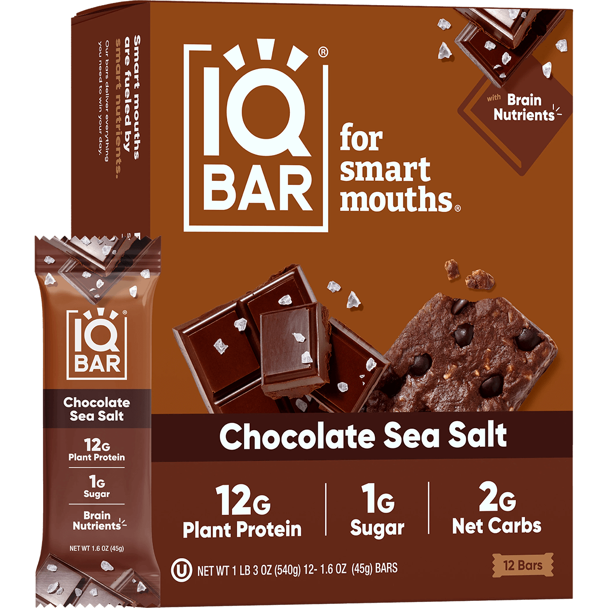 IQ Bar Chocolate Sea Salt packaging with product image and text on a brown background