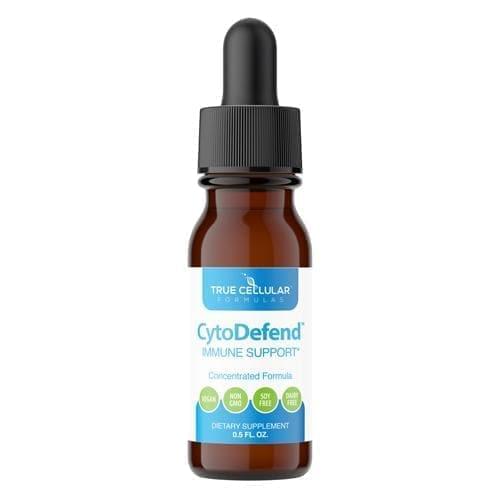 Bottle of True Cellular Cytodefend immune support supplement on a white background