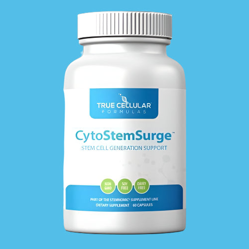 Bottle of CytoStemSurge supplement with True Cellular Formulas branding on a blue background