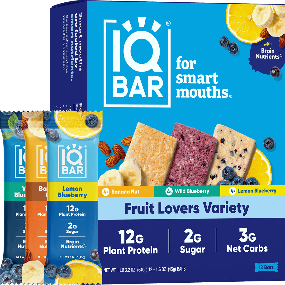 IQ Bar fruit lovers' variety pack with different flavors on a blue background