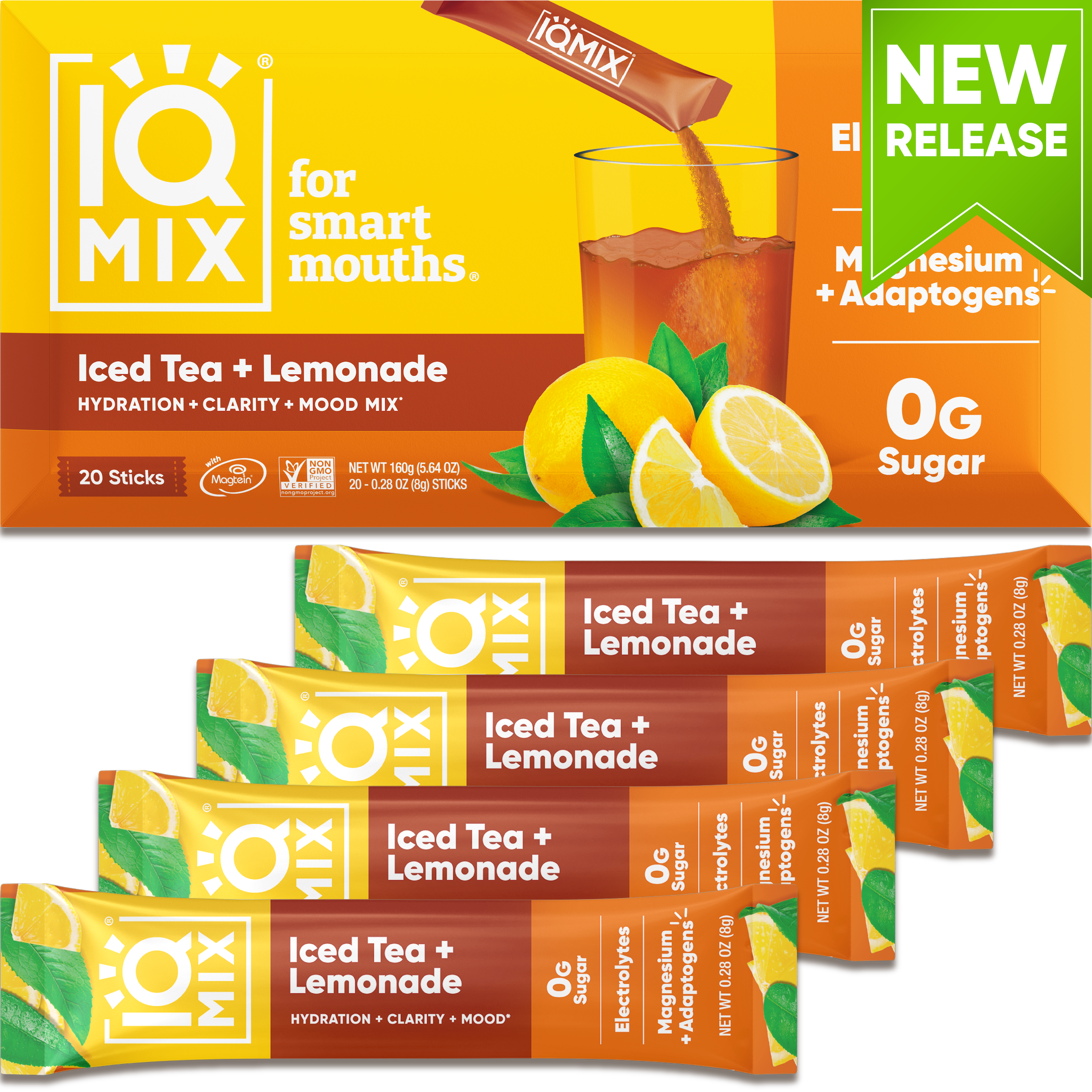 IQ Mix Iced Tea + Lemonade packets with packaging and lemon graphics.