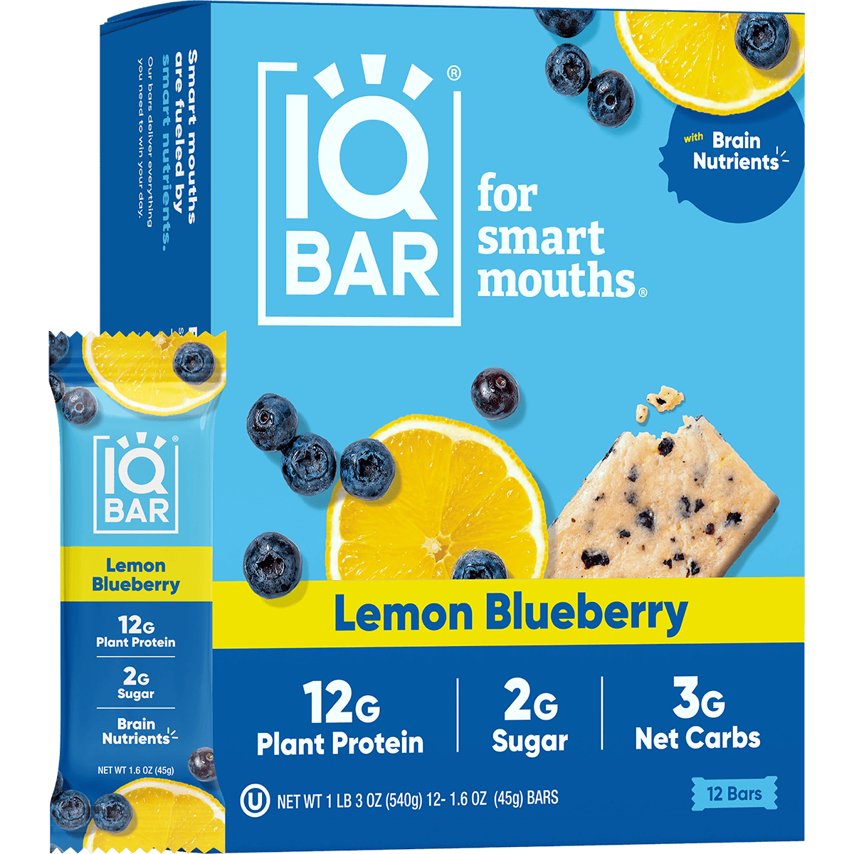 IQ Bar Lemon Blueberry flavor packaging with lemon, blueberry, and bar graphics on a blue background.