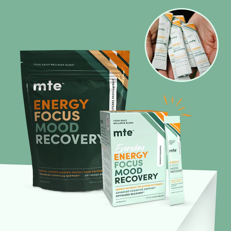 A series of MTE Energy Focus Mood Recovery packets, with one showing a hand holding multiple packets, and the others laid out on a surface.