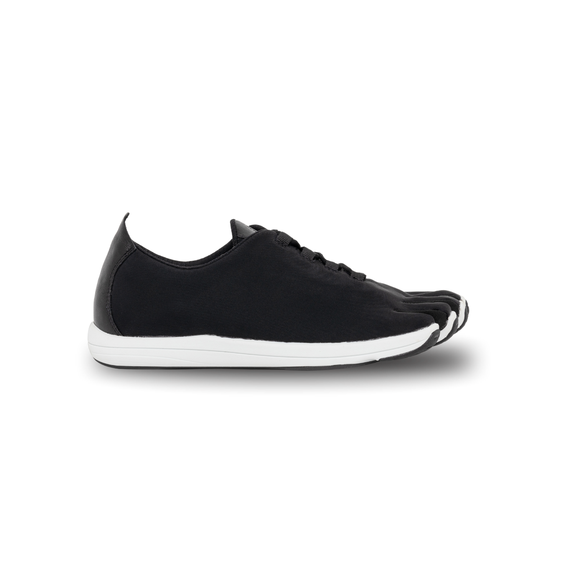 Black sneaker with white sole on a white background