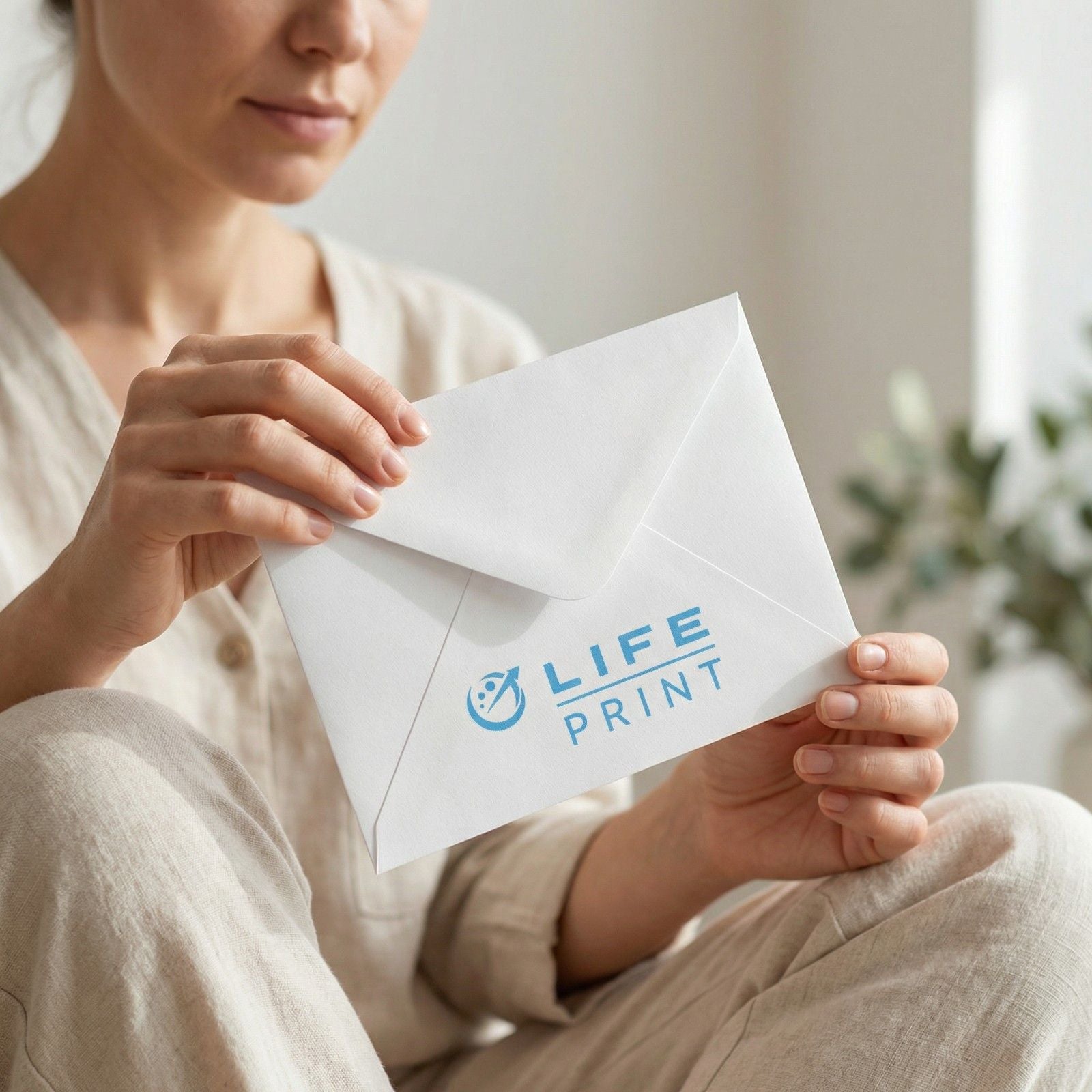 Person holding a white envelope with 'LIFE PRINT' logo.