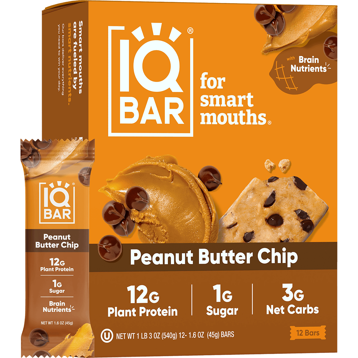 IQ Bar Peanut Butter Chip packaging with product details on an orange background