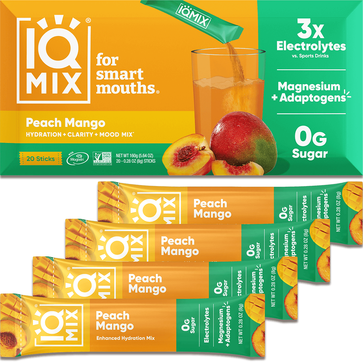 IQ Mix Peach Mango hydration mix packaging with a glass of juice and fruit illustration.