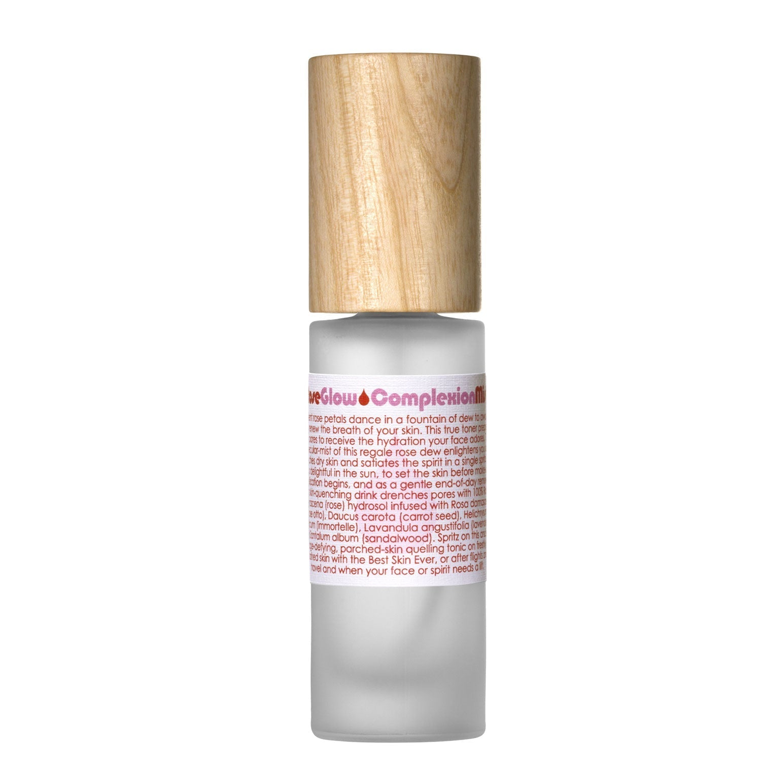 A white spray bottle with a wooden cap labeled 'Rose Glow Complexion Mist' by Living Libations.