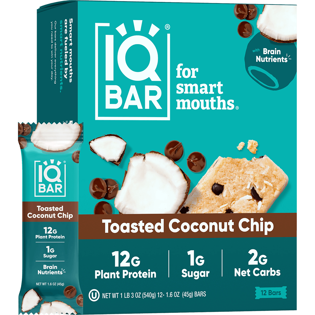 IQ Bar Toasted Coconut Chip packaging on a white background