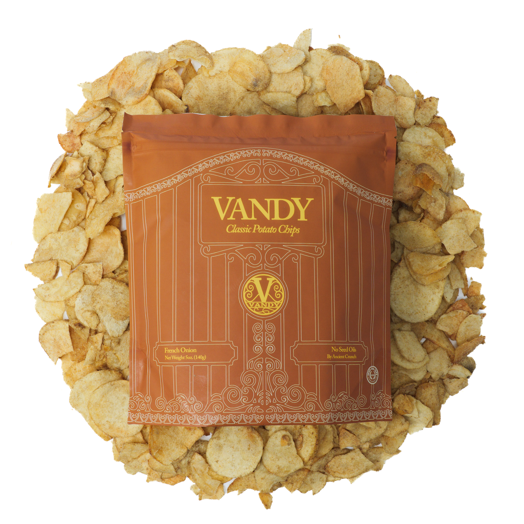 Vandy classic potato chips packaging surrounded by chips on a white background
