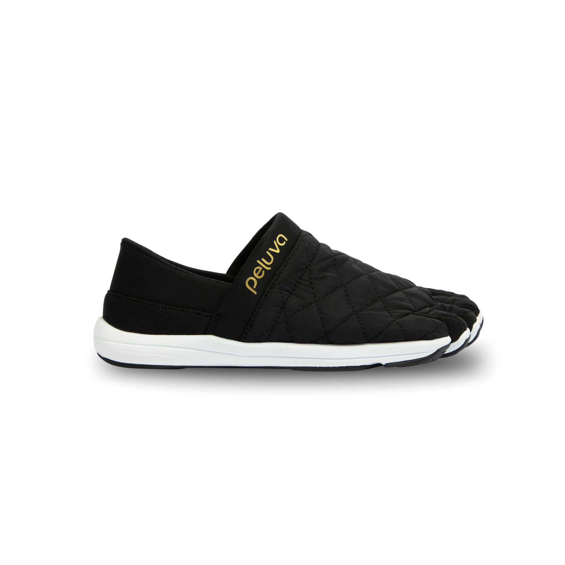 Black quilted slip-on shoe with white sole on a white background