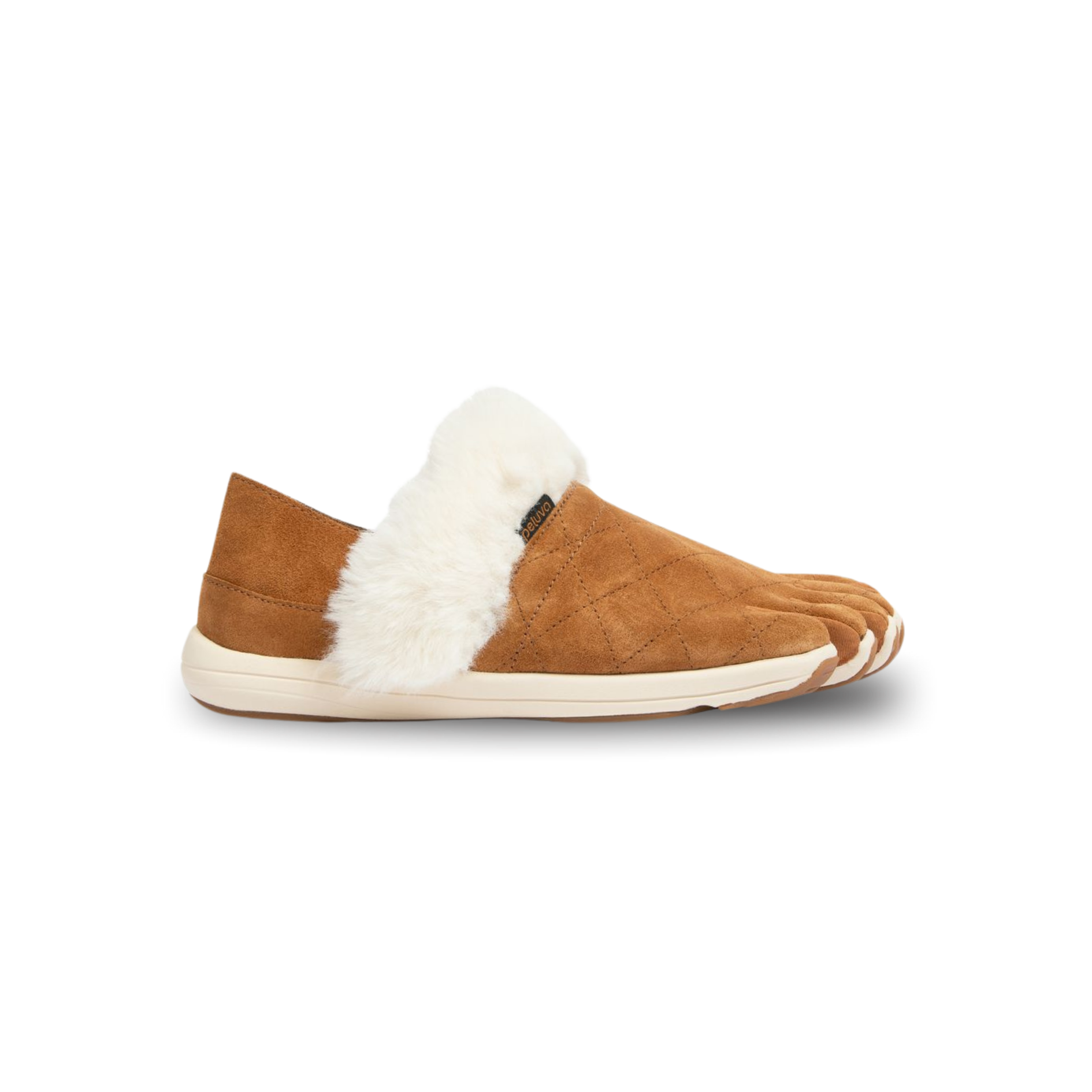 Brown slipper with white fur lining on a white background