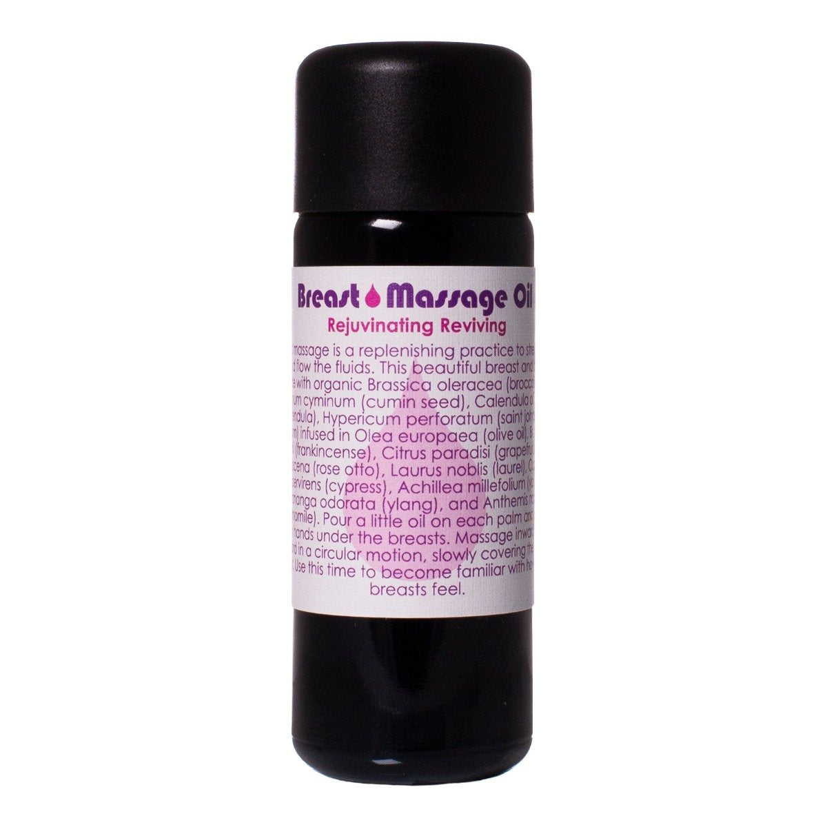 A bottle of Breast Massage Oil with a label that includes the product name and a description.
