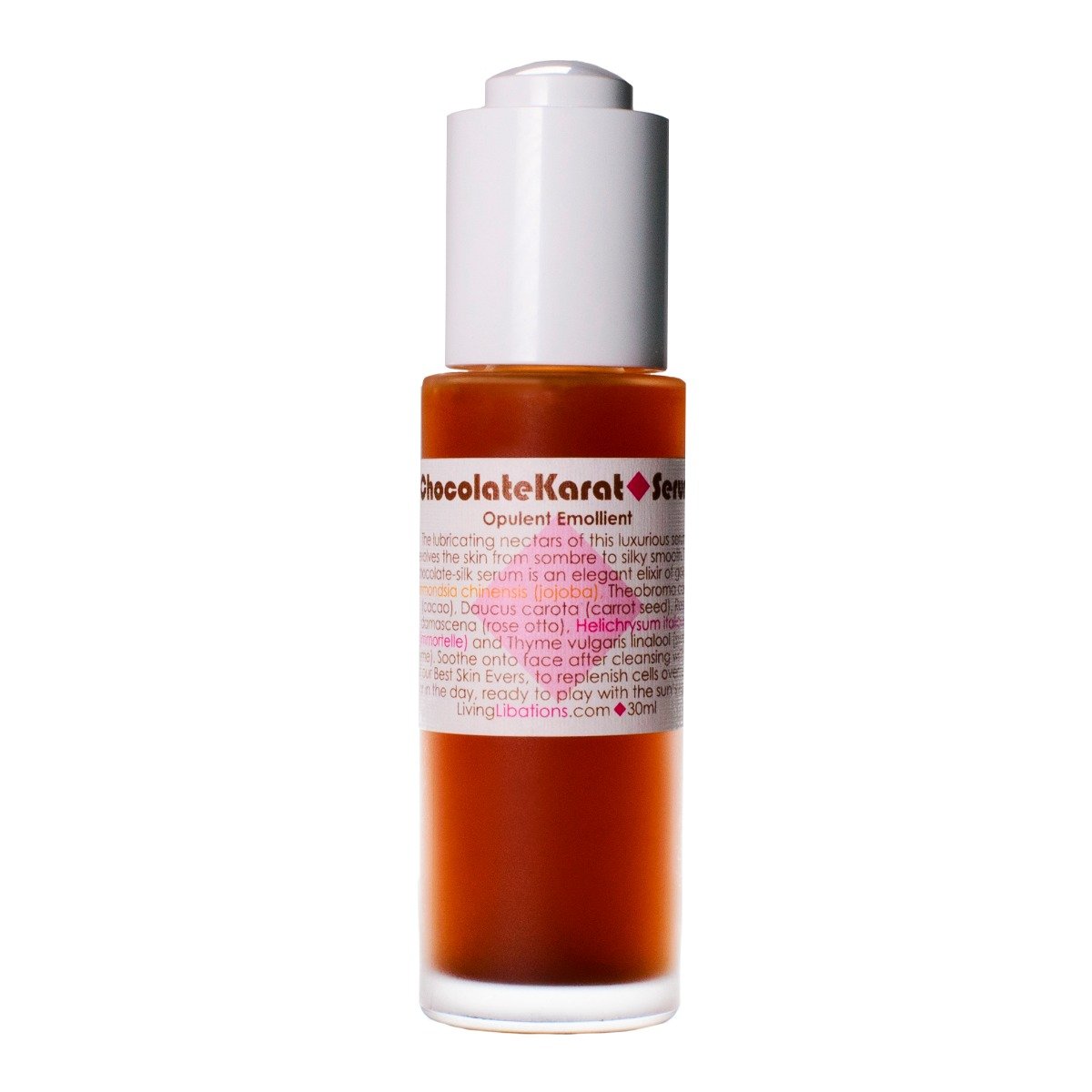 A bottle of Chocolate Karat Serum with a white cap and a label that includes the product name and a brief description.