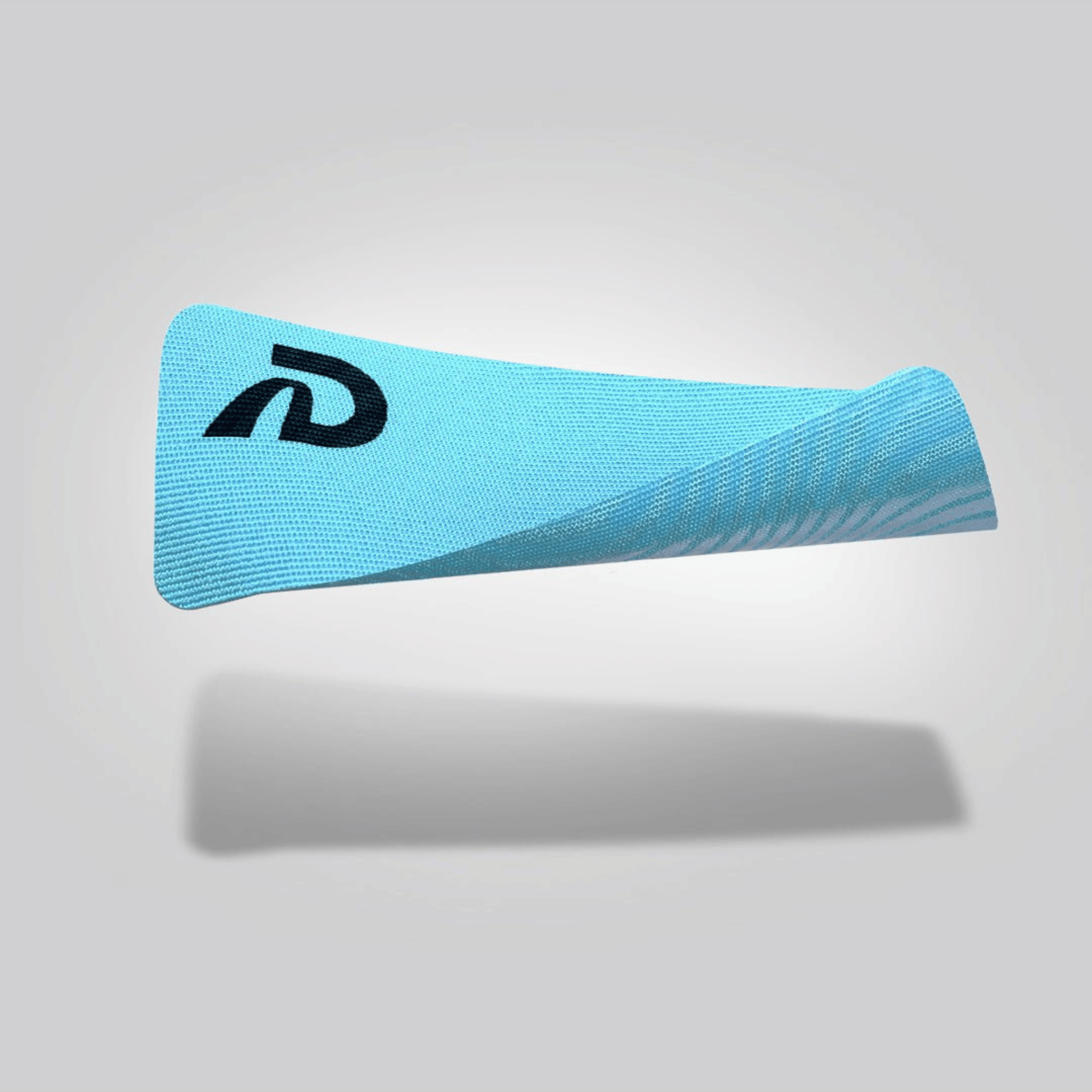 A piece of white mouth tape with a black logo on the upper left corner, presented against a grey background.