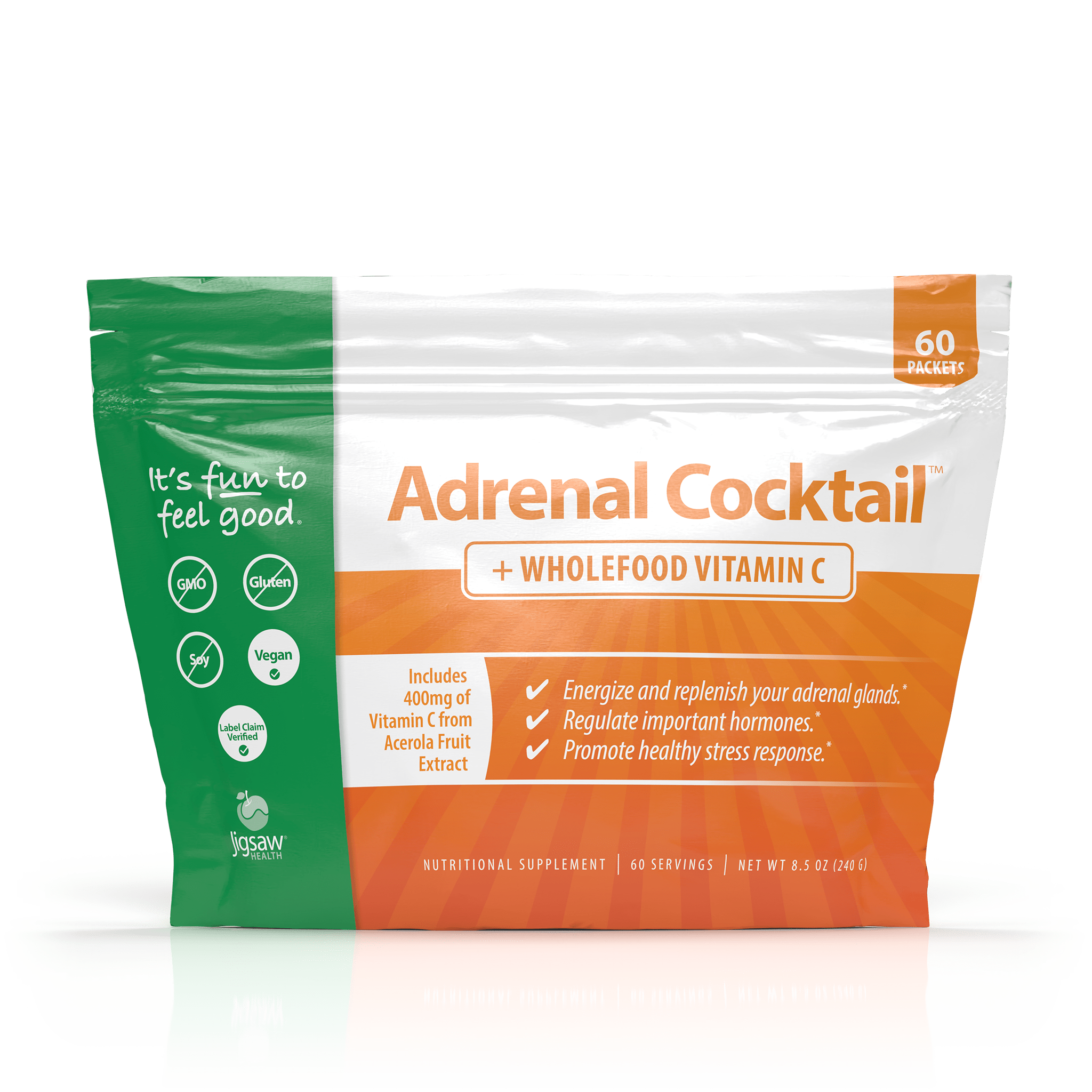 A product image featuring packages and bottles of Jigsaw Adrenal Cocktail™ + Wholefood Vitamin C supplements, set against an orange background with rays radiating from the product.